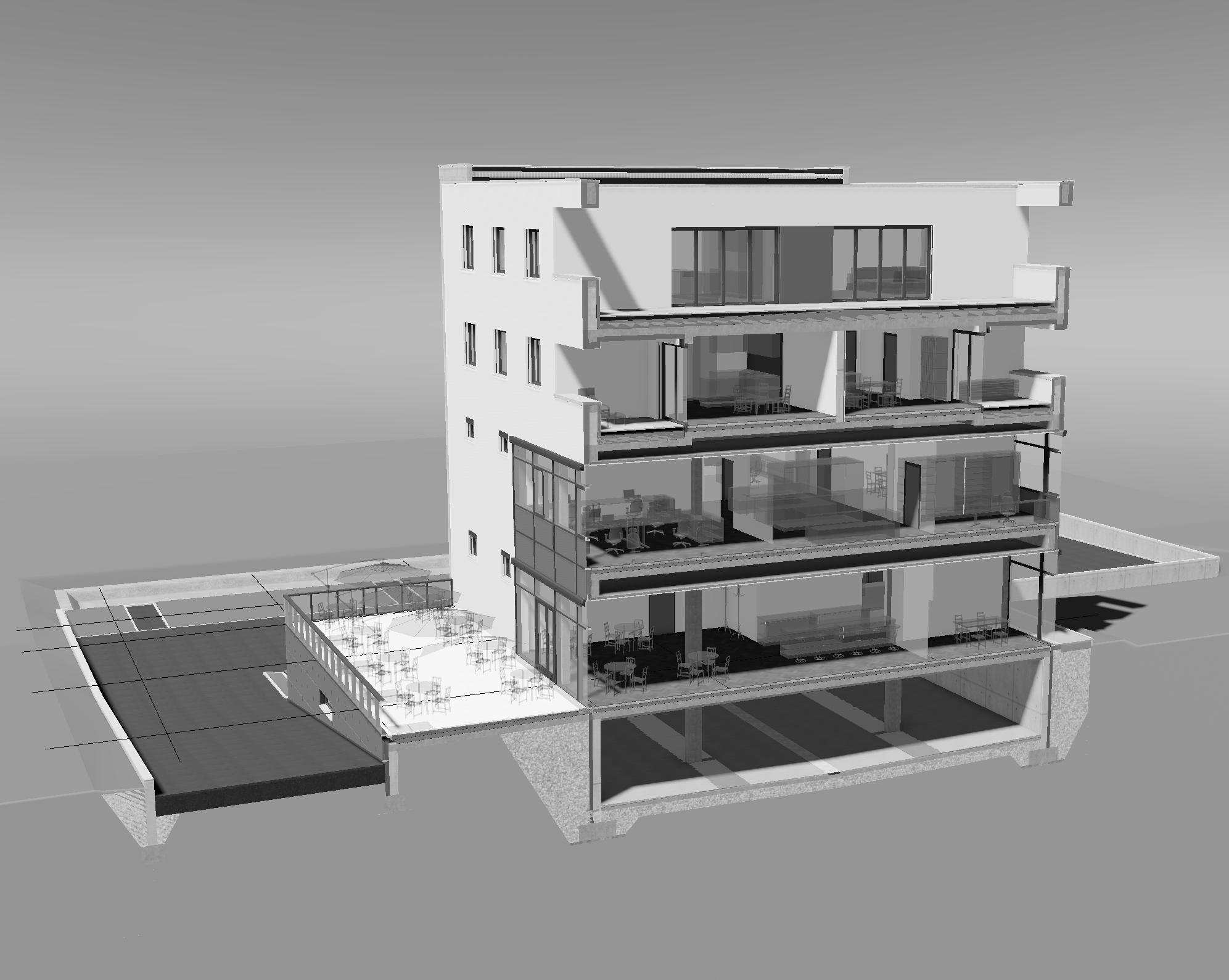 Visualisierung des BIM-Referenzmodells: 3D-Architekturmodell eines Gebäudes
